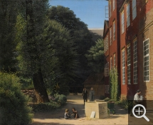 Anonyme, The sculptor Thovaldsen walking in the garden of the Charlottenborg Castle, seat of the Academy, near his studio where a young assistant carries a plaster copy of Cupid with his lyre, taken from an open crate, oil on canvas, 58 x 72 cm. Private collection. © A. Leprince