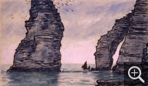 Jean Francis AUBURTIN (1866-1930), Etretat. Bateaux au pied de l'aiguille, encre de Chine, fusain et aquarelle, 38 x 64 cm. . © MuMa Le Havre / Jean-Louis Coquerel