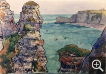 Jean Francis AUBURTIN (1866-1930), Falaises et bateaux, vue plongeante, 1898, aquarelle, encre de Chine et crayon sur papier, 32,8 x 47,2 cm. . © MuMa Le Havre / Jean-Louis Coquerel