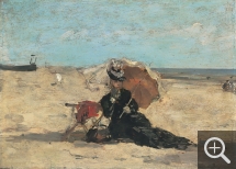 Eugène BOUDIN (1824-1898), Femme à l’ombrelle sur la plage de Berck, ca. 1873-1880, oil on panel, 12.5 x 17.5 cm. . © Honfleur, musée Eugène Boudin / Henri Brauner