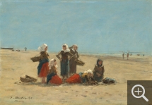 Eugène BOUDIN (1824-1898), Pêcheuses sur la plage de Berck, 1881, oil on panel, 24.8 x 36.2 cm. . © Washington, National Gallery of Art