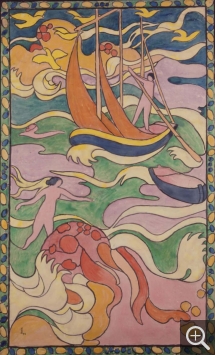 Maurice DENIS (1870-1943), Le bateau, projet de vitrail, 1894, gouache sur papier entoilé, 132 x 81 cm. © Saint-Germain-en-Laye, musée départemental Maurice-Denis, Le Prieuré