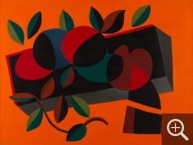 Léon GISCHIA (1903-1991), Feuilles et fruits sur fond orange, 1949, huile sur toile, 53,8 x 73,2 cm. Le Havre, musée d’art moderne André Malraux, achat de la Ville, 1953. © MuMa Le Havre / Charles Maslard © Adagp, Paris 2019