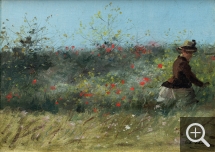 Charles LHULLIER dit aussi LHUILLIER (1824-1898), Silhouette de femme cueillant des fleurs dans un champ, 2nde moitié du XIXe siècle, huile sur toile, 24,6 x 32,7 cm. MuMa Le Havre, Musée d’art moderne André Malraux. © MuMa Le Havre / Charles Maslard