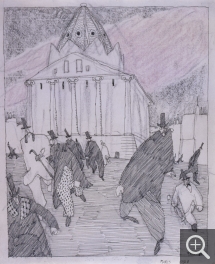 Lyonel FEININGER (1871-1956), Fin de séance à la Bourse de Paris (Ende der Sitzung an der Pariser Börse), 1908, plume, encre de Chine et crayons de couleur sur papier, 26,4 × 21,8 cm. . © Droits réservés — © ADAGP, Paris, 2015