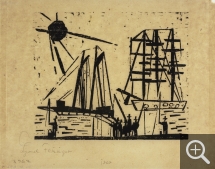 Lyonel FEININGER (1871-1956), Pêcheurs [avec soleil et bateaux] (Angler [mit Sonne und Schiffen]), 1919, bois gravé, 16,2 x 19,8 cm. Publié dans le portfolio 10 Holzchitte von Lyonel Feininger, Berlin, Euphorion Verlag Berlin, vers 1926. Collection particulière. © Maurice Aeschimann — © ADAGP, Paris, 2015