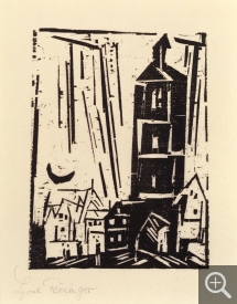 Lyonel FEININGER (1871-1956), Houses and Crescent Moon, 1920, woodcut, 13.3 x 9.8 cm. Private collection. © Maurice Aeschimann — © ADAGP, Paris, 2015