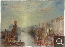 Joseph Mallord William TURNER (1775-1851), Coucher de soleil sur le port, vers 1832 pour Turner's Annual Tour, 1834, gouache et aquarelle sur papier bleu, 14 x 19,2 cm. Londres, Tate: Accepté par la Nation dans le cadre du legs Turner, 1856. © Tate, Londres, 2017