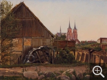 Andreas JUUEL (1817-1868), Vue de la cathédrale de Roskilde avec la cour d’un moulin au premier plan, 1857, huile sur papier marouflé sur bois, 23 x 30 cm. . © A. Leprince