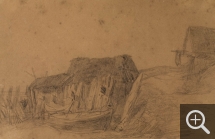 Eugène BOUDIN (1824-1898), Cabanes de pêcheurs à Étretat, ca. 1851-1855, crayon noir sur papier vélin, 17,5 x 27 cm. © MuMa Le Havre / Florian Kleinefenn