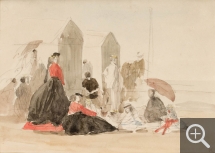 Eugène BOUDIN (1824-1898), Crinolines et cabines, 1865, crayon noir, graphite et aquarelle sur papier vergé, 16,7 x 23,7 cm. © MuMa Le Havre / Charles Maslard