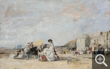 Eugène BOUDIN (1824-1898), Dame en blanc sur la plage de Trouville, 1869, huile sur carton, 31,4 x 48,6 cm. © MuMa Le Havre / Florian Kleinefenn