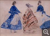 Eugène BOUDIN (1824-1898), Étude de crinolines, ca. 1862-1863, crayon noir et aquarelle sur papier vergé, 14,2 x 19,5 cm. Collection Senn-Foulds. © MuMa Le Havre / Florian Kleinefenn