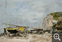 Eugène BOUDIN (1824-1898), Falaises et barques jaunes à Étretat, 1890-1891, oil on wood, 37.4 x 55 cm. © MuMa Le Havre / Florian Kleinefenn
