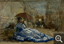 Eugène BOUDIN (1824-1898), Femme en robe bleue sous une ombrelle, ca. 1865, huile sur carton, 22,1 x 31,8 cm. © MuMa Le Havre / Florian Kleinefenn