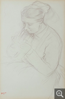 Edgar DEGAS (1834-1917), Woman Sewing, ca. 1868-1870, graphite on blue paper, 38 x 25.5 cm. Senn-Foulds collection. © MuMa Le Havre / Florian Kleinefenn