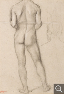 Edgar DEGAS (1834-1917), Male Nude, Back View, with a Stick under his Arms, and Study of Head. Study for Spartan Girls Challenging Boys, 1860-1862, black pencil reinforced with white chalk, 28 x 20 cm. Senn-Foulds collection. © MuMa Le Havre / Florian Kleinefenn