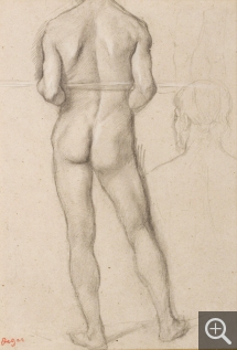 Edgar DEGAS (1834-1917), Homme nu de dos avec une barre sous les bras, et étude de tête. Etude pour Petites filles spartiates provoquant des garçons, 1860-1862, crayon noir et rehauts de craie blanche, 28 x 20 cm. Collection Senn-Foulds. © MuMa Le Havre / Florian Kleinefenn