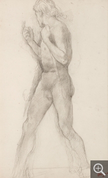 Edgar DEGAS (1834-1917), Jeune homme nu, tête renversée et le bras droit levé. Etude pour La Fille de Jephté, ca. 1859-1861, pierre noire, 31 x 19,5 cm. Collection Senn-Foulds. © MuMa Le Havre / Florian Kleinefenn