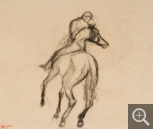 Edgar DEGAS (1834-1917), Jockey à cheval, étude pour Avant la course, ca. 1872-1873, pierre noire sur calque, 22 x 25,25 cm. Collection Senn-Foulds. © MuMa Le Havre / Florian Kleinefenn