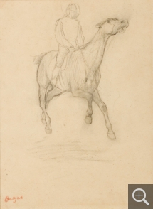 Edgar DEGAS (1834-1917), Jockey à cheval, étude pour Le Faux Départ, 1869-1871, pierre noire sur calque, 21 x 17 cm. Collection Senn-Foulds. © MuMa Le Havre / Florian Kleinefenn
