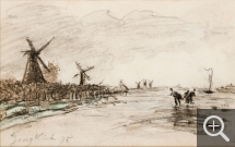 Johan Barthold JONGKIND (1819-1891), Patineurs en Hollande, 1875, fusain, crayon noir et gouache sur papier vergé, 15,1 x 23,5 cm. Collection Senn-Foulds. © MuMa Le Havre / Florian Kleinefenn