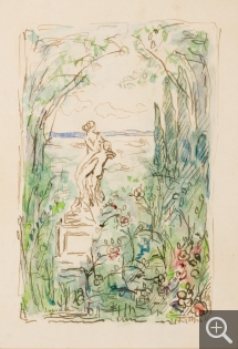 Pierre LAPRADE (1875-1931), Paysage avec statue, ca. 1920-1930, aquarelle et encre brune sur papier vélin, 21 x 15 cm. Collection Senn-Foulds. © MuMa Le Havre / Florian Kleinefenn
