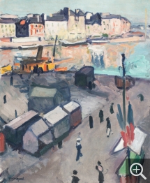 Albert MARQUET (1875-1947), Le Havre, le bassin, 1906, huile sur bois, 61,4 x 50,3 cm. Le Havre, Musée d’art moderne André Malraux, achat de la Ville avec l’aide de l’État Fonds du Patrimoine, la Région Normandie Fonds régional d’acquisition des musées, l’AMAM, et les entreprises Helvetia, Chalus Chégaray et Cie, CRAM, CRIC, 2019. © MuMa Le Havre / Charles Maslard