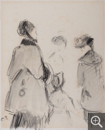 Camille PISSARRO (1831-1903), Trois femmes et fillette en promenade, de dos, crayon noir et lavis d’encre noire sur papier vélin, 18,5 x 15 cm. © MuMa Le Havre / Charles Maslard