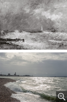 Jacqueline SALMON (1943), Grande vague, diptyque avec Les Jetées du Havre par gros temps d'Eugène Boudin (reproduction noir et blanc), 2012, épreuve pigmentaire, 31,5 x 42,5 cm. © Jacqueline Salmon