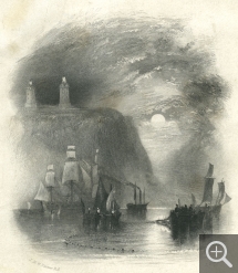 Drawing by Joseph Mallord William TURNER (1775–1851); engraved by John COUSEN (1804–1880), Light Towers Of The Heve, copperplate engraving, 20. 9 x 12.9 cm. Provient de l’album “Wanderings by the Seine. By Leitch Ritchie… with 20 engravings from drawings by J.M.W. Turner”, Londres, Longmann, 1834. © MuMa Le Havre / Charles Maslard