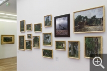 Vue partielle de l'exposition « Les Territoires du désir ». La photographie, Colline du Bugey de Véronique Ellena côtoie les représentations d’arbres d’Eugène Boudin. © MuMa Le Havre / Charles Maslard