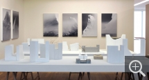 Jocelyne ALLOUCHERIE (1947), Foreground, various models for sculptures; Background, Mists, 1993-2012, wood, plaster, foam, wax, sand – inkjet print laminated on non-glare Plexiglas. © MuMa Le Havre / Renaud Dessade