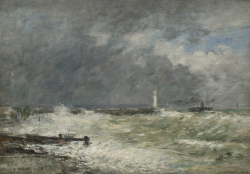 Eugène BOUDIN (1824-1898), Les Jetées du Havre par gros temps, 1895, huile sur toile, 51 x 73 cm 