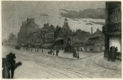 Gaston Prunier, La Chaussée Thiers, Eau-forte tirée de l’album À travers Le Havre, effets de soir et de nuit, , Le Havre,1892 bibliothèque municipale. © Le Havre Gaston Prunier, La Chaussée Thiers, Eau-forte tirée de l’album À travers Le Havre, effets de soir et de nuit, , Le Havre,1892 bibliothèque municipale. © Le Havre