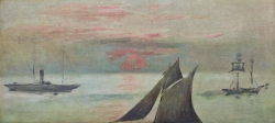 Édouard MANET, Bateaux en mer, soleil couchant, vers 1868, huile sur toile, 47,5 x 98,5 cm. Le Havre. MuMa Le Havre / David Fogel