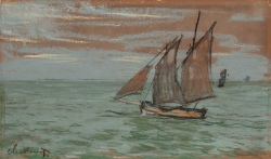 Claude MONET (1840-1926), Bateaux de pêche, 1868, pastel sur papier cartonné, 20 x 34 cm. Collection particulière