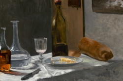 Claude MONET (1840-1926), Nature morte avec une bouteille, une carafe, du pain et du vin, vers 1862-1863, huile sur toile, 39 x 59 cm. Washington - National Gallery of Art - collection de M. et Mme Paul Mellon. © Wahington - National Gallery of Art