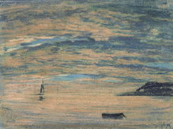 Eugène BOUDIN (1824-1898), Couchant et falaise (Étretat), vers 1854-1859, pastel sur papier bleu-gris, 15 x 20 cm. Honfleur - Musée Eugène Boudin - legs Eugène Boudin - 1899. © Musée Eugène Boudin - Honfleur - Henri Brauner