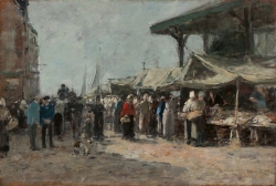 Eugène BOUDIN (1824-1898), La Poissonnerie de Trouville, 1875, huile sur bois, 24 x 36 cm. Giverny - musée des impressionnismes - don de Christophe et Teresa Karvelis-Senn - 2023. ©MDIG/Jean-Charles Louiset