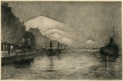 Gaston Prunier, L’Avant-Port, 1892, Eau-forte tirée de l’album À travers Le Havre, effets de soir et de nuit, 17 x 22 cm, Le Havre, bibliothèque municipale. © Le Havre