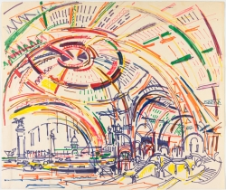 Reynold ARNOULD (1919-1980), Grand-Palais : nef et grande verrière, 1965-1970, dessin au stylo-feutre, 53,6 x 63,5 cm. Paris, Centre Pompidou - Musée national d'art moderne - Centre de création industrielle, don de Succession Marthe Bourhis-Arnould en 1999. © Centre Pompidou, MNAM-CCI, Dist. RMN-Grand Palais / Bertrand Prévost