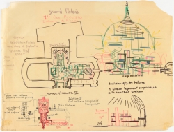 Reynold ARNOULD (1919-1980), Grand-Palais : nef et grande verrière (étude de scénographie pour exposition "Picasso"), 1965-1970, dessin au stylo-feutre sur papier calque, 50 x 65,4 cm. Paris, Centre Pompidou - Musée national d'art moderne - Centre de création industrielle, don de Succession Marthe Bourhis-Arnould en 1999. © Centre Pompidou, MNAM-CCI, Dist. RMN-Grand Palais / Bertrand Prévost