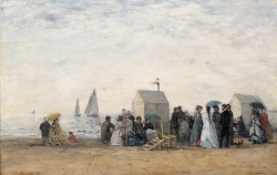 Eugène BOUDIN (1824-1898), La Plage de Trouville, 1867, huile sur bois, 31 x 48 cm. Paris, musée d’Orsay, donation du Dr Eduardo Mollard, 1961. © RMN-Grand Palais / Hervé Lewandowski