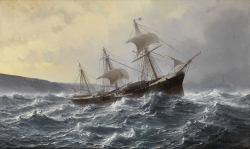Jean-Baptiste Henri DURAND-BRAGER (1814 - 1879), Trois mâts anglais dans la tempête, 19e siècle, peinture à l'huile, 57.5 cm x 95 cm. Paris, Musée national de la Marine. © Droits réservés