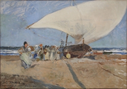 Joaquin SOROLLA Y BASTIDA (1863-1923), Barque et groupe de femmes à Valence, 1894, huile sur toile, 47 x 67 cm. Limoges, Don E. Dubouché au musée national Adrien Dubouché, 1906, en dépôt au musée des Beaux-Arts de la ville. © Musée des Beaux-Arts de Limoges / Cl. G. Vergnenègre