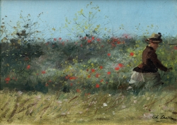 Charles LHULLIER dit aussi LHUILLIER (1824-1898), Silhouette de femme cueillant des fleurs dans un champ, 2nde moitié du XIXe siècle, huile sur toile, 24,6 x 32,7 cm. MuMa Le Havre, Musée d’art moderne André Malraux. © MuMa Le Havre / Charles Maslard