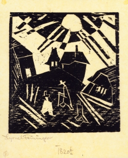 Lyonel FEININGER (1871-1956), Village délabré [avec un soleil éclatant] (Verfallenes Dorf), 1918, bois gravé, 11,4 x 10,5 cm. . © Maurice Aeschimann — © ADAGP, Paris, 2015
