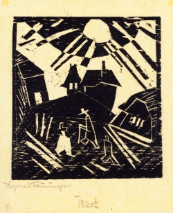 Lyonel FEININGER (1871-1956), Dilapidated Village [under a bright sun], 1918, woodcut, 11.4 x 10.5 cm. Private collection. © Maurice Aeschimann — © ADAGP, Paris, 2015