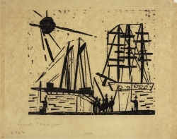 Lyonel FEININGER (1871-1956), Pêcheurs [avec soleil et bateaux] (Angler [mit Sonne und Schiffen]), 1919, bois gravé, 16,2 x 19,8 cm. Publié dans le portfolio 10 Holzchitte von Lyonel Feininger, Berlin, Euphorion Verlag Berlin, vers 1926. Collection particulière. © Maurice Aeschimann — © ADAGP, Paris, 2015